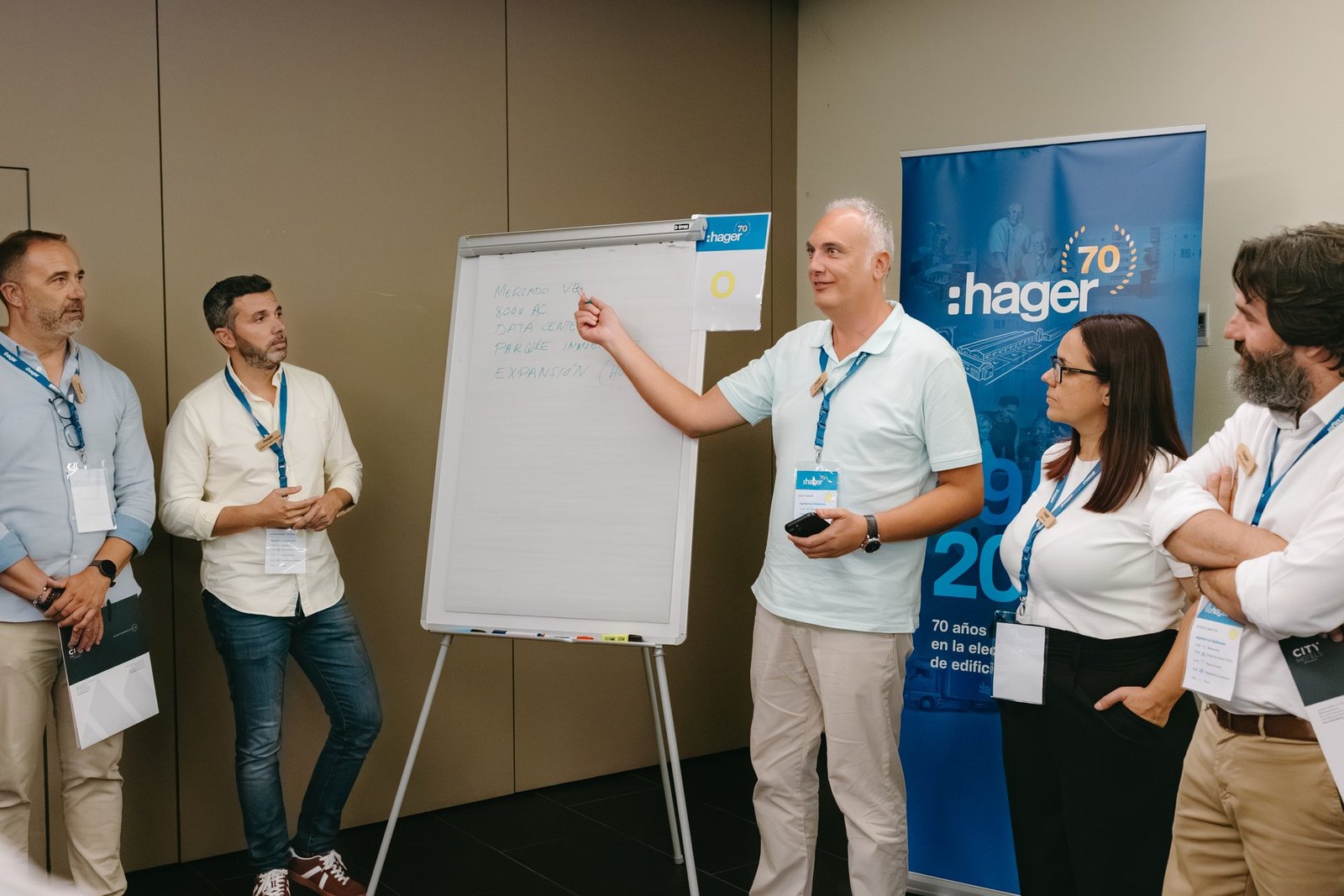 Ponente señala pizarra con ideas a un grupo de colegas en un evento de teambuilding de Hager.